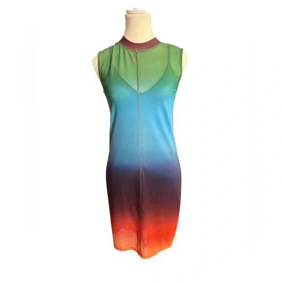 Pistola 2 piece Fine Mesh Rainbow Mini Dress Sz Small Festival Coachella Stretch - Picture 2 of 9